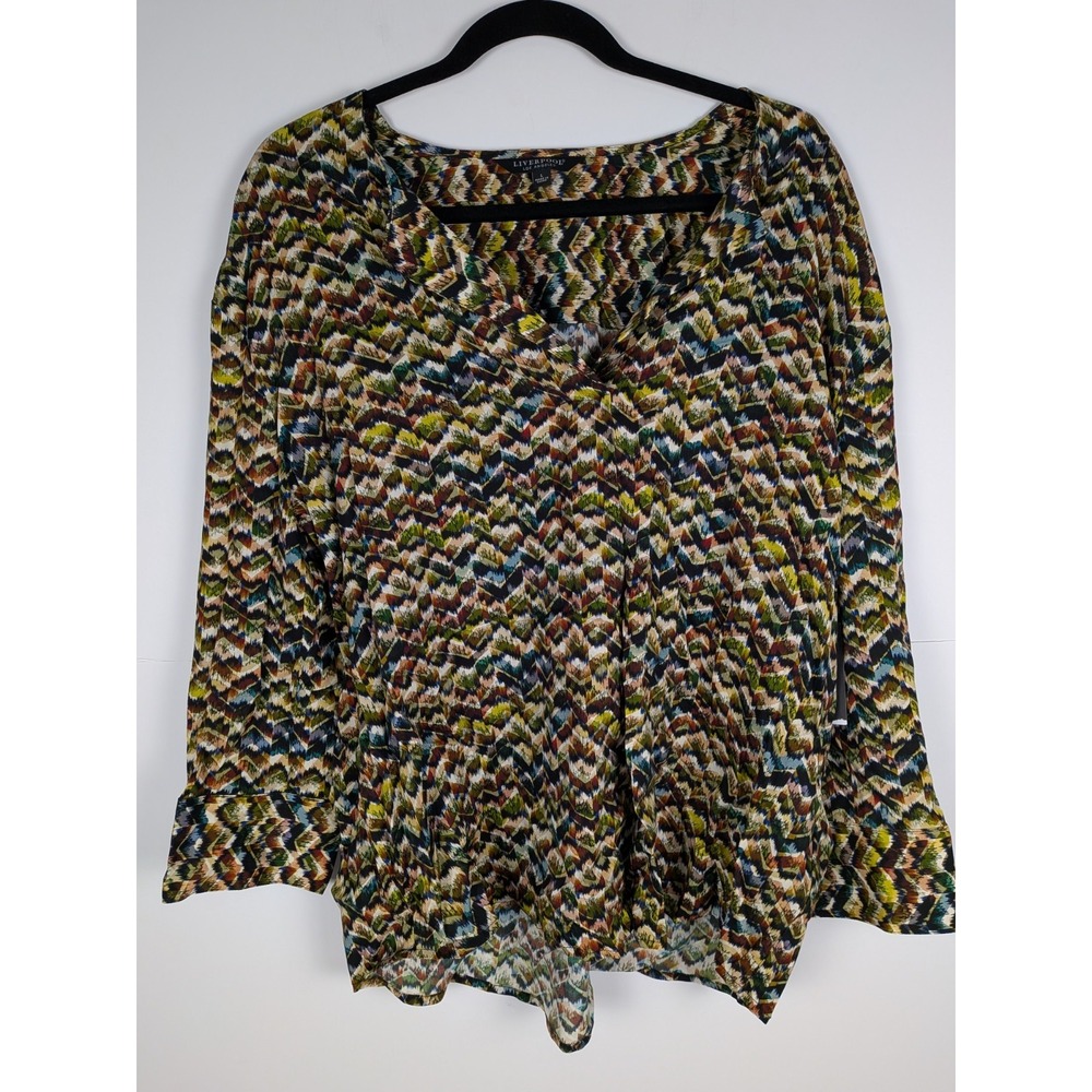 Liverpool Los Angeles Women's Sz L 3/4-SleevePrint- Tourmaline Multi V Neck